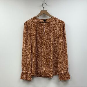 Ann Taylor Cheetah Pleated Puff Sleeve Crepe Blouse Animal Print Tan Large